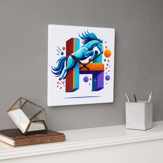 Relógio Quadrado Neon Power Horse Jump Over H Letter (Escritório)