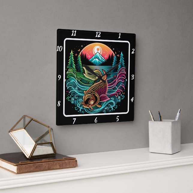 Relógio Quadrado Neon Radiant Koi Dourado Serenity (Escritório)