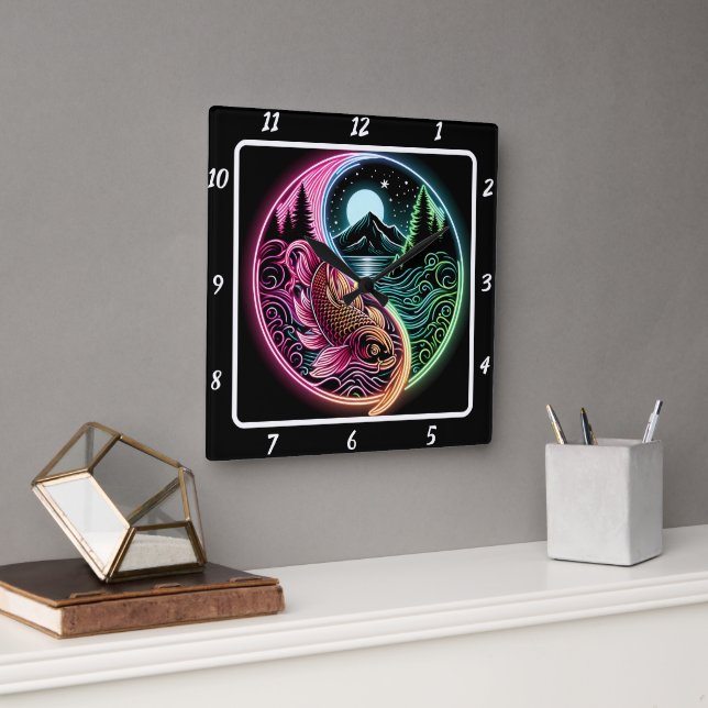 Relógio Quadrado Neon Radiant Koi Peixe Dourado (Escritório)