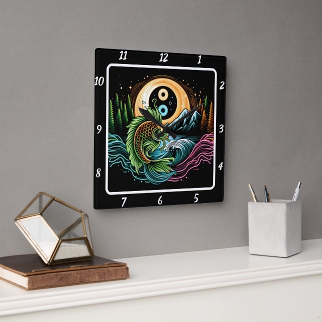 Relógio Quadrado Neon Radiant Koi Tranquilidade Dourada para Peixes (Escritório)