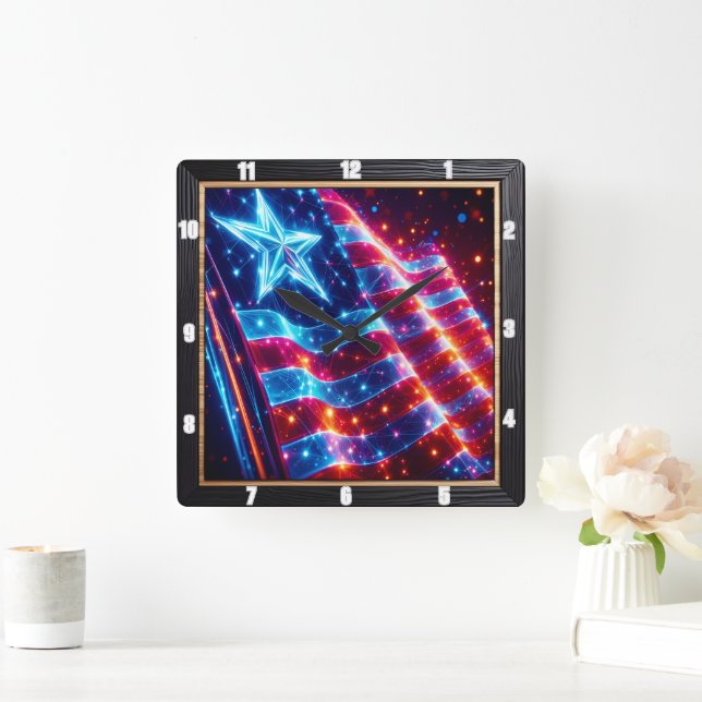 Relógio Quadrado Neon Star American Flag Modern (Lar)