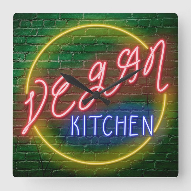 Relógio Quadrado Neon Vegan Kitchen Sinal (Frente)