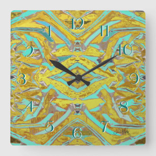 Relógio Quadrado Nesting Abstract Backwards Clock Yellow and Aqua