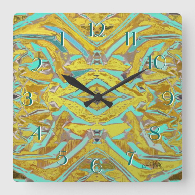 Relógio Quadrado Nesting Abstract Backwards Clock Yellow and Aqua (Frente)
