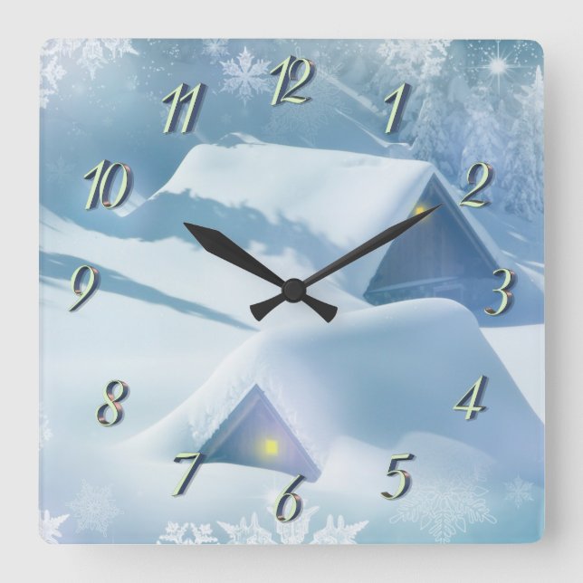 Relógio Quadrado Neve derramada no telhado de uma floresta (Frente)