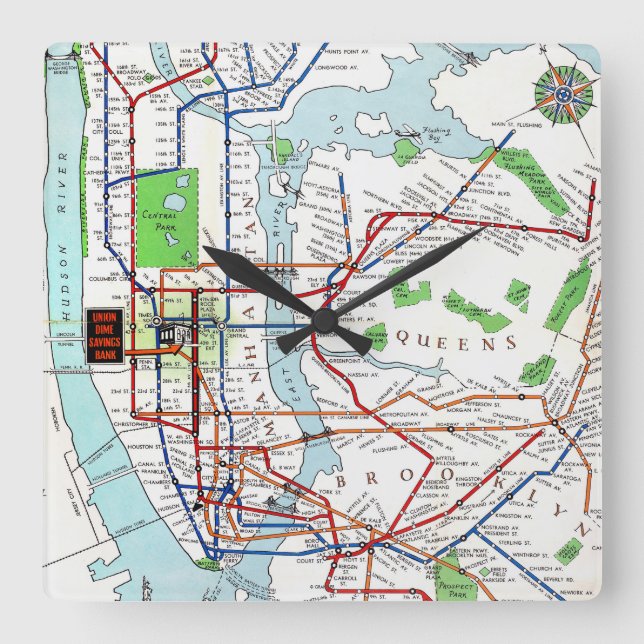 Relógio Quadrado New York: Metro Mapa, 1940 (Frente)