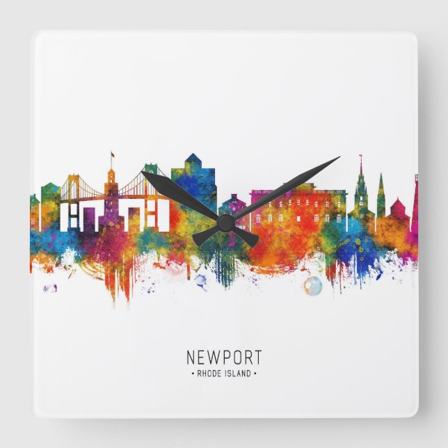 Relógio Quadrado Newport Rhode Island USA Skyline (Frente)