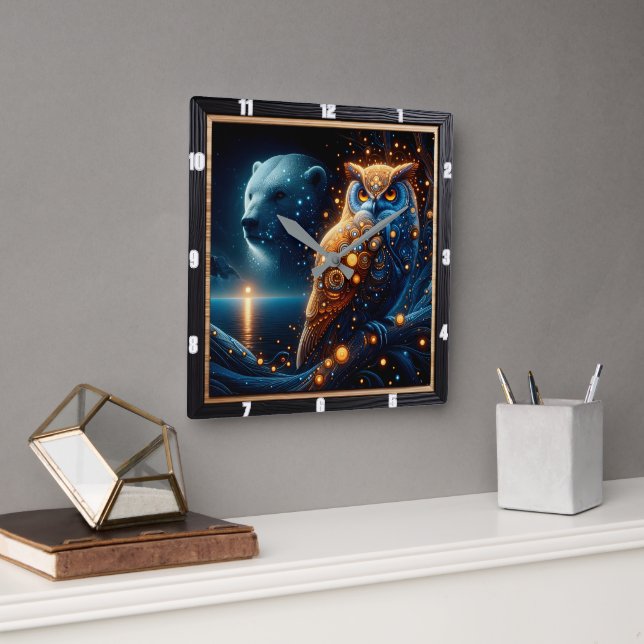 Relógio Quadrado Noite Encantada com Urso e Coruja em Harmonia (Escritório)