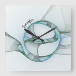 Relógio Quadrado Nome da Cinza Abstrato Fractal Azul Turquesa