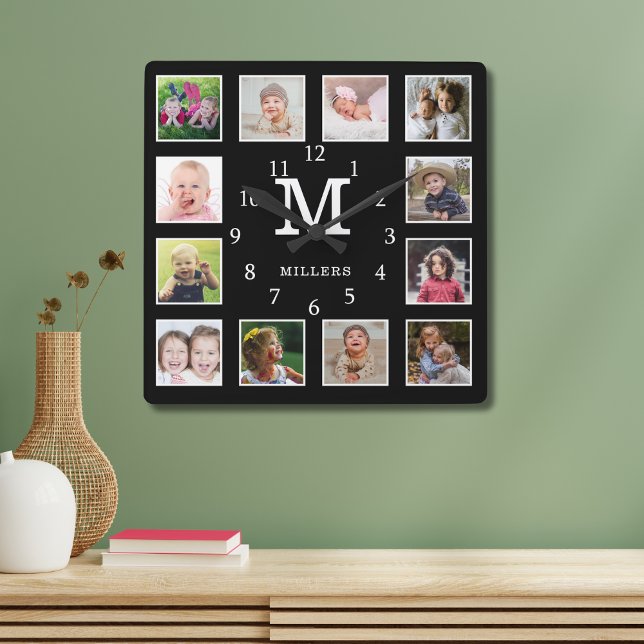 Relógio Quadrado Nome da Família de Colagem de Fotografias Personal (Custom 12 Photo Collage Family Name Monogram Black Square Wall Clock)