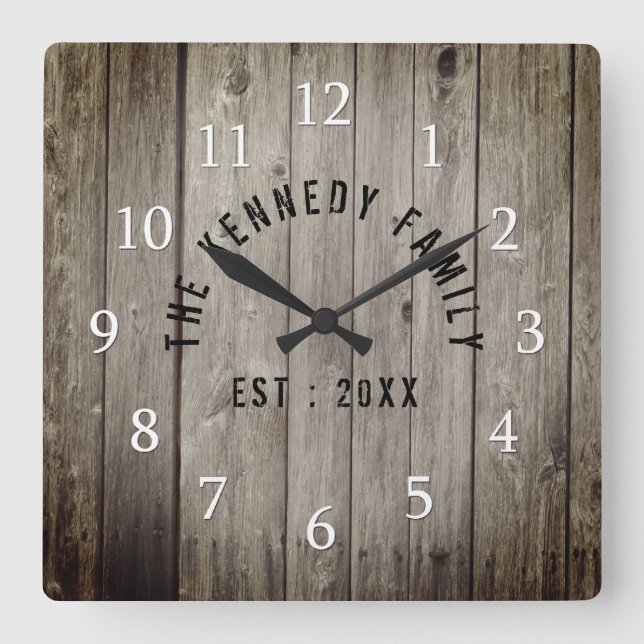 Relógio Quadrado Nome da família de fazendeiros de madeira marrom (Frente)