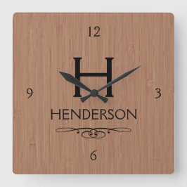 Relógio Quadrado Nome da Família do Monograma de Madeira Moderna