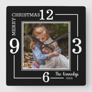 Relógio Quadrado Nome Da Família Feliz De Natal Foto Preto E Branc