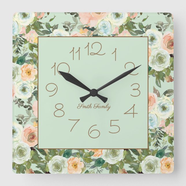 Relógio Quadrado Nome da Família Floral de Aquarela de Pêssego Mint (Frente)