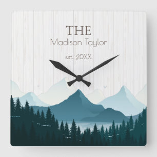 Relógio Quadrado Nome da Família Rustic Wood Custom