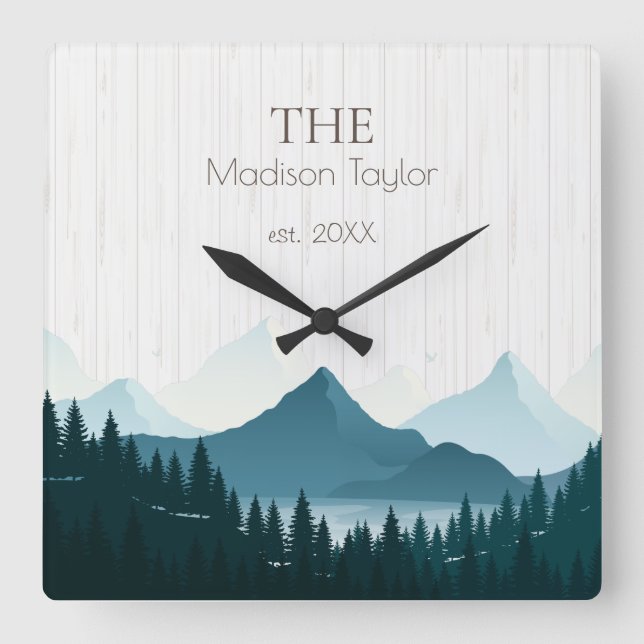 Relógio Quadrado Nome da Família Rustic Wood Custom (Frente)