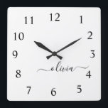 Relógio Quadrado Nome da Rapariga do Monograma de Script Branco Pre<br><div class="desc">Relógio de Nome do Monograma de Script Branco e Preto. Isto faz o doce e perfeito aniversário de 16 anos,  casamento,  chá de panela,  aniversário,  chá de fraldas ou festa de solteira presente para alguém que ama luxo de luxo e estilos quíticos.</div>