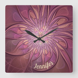 Relógio Quadrado Nome das Cores de Berry Fractal Floral abstrato Mo