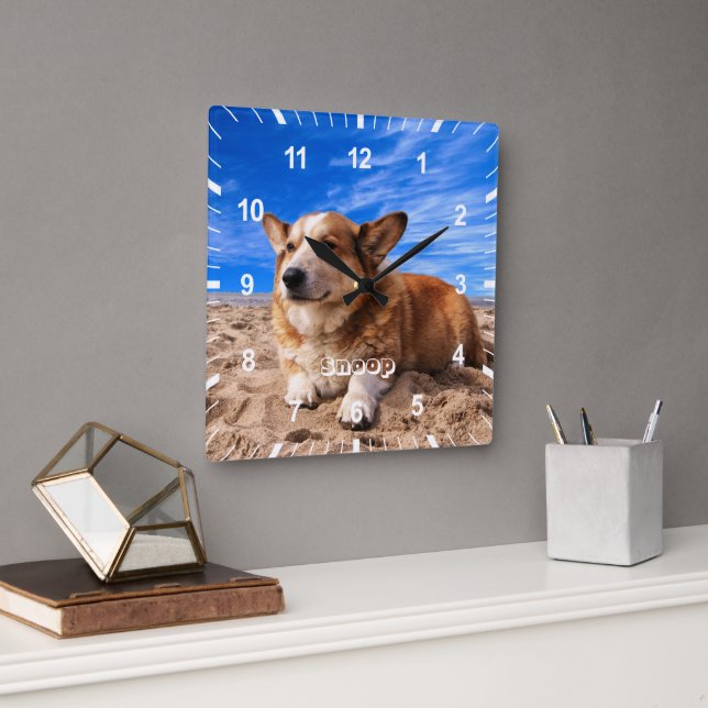 Relógio Quadrado Nome de Foto de Cão de Gato de Pet Personalizado (Escritório)
