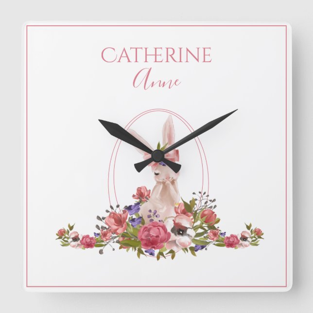 Relógio Quadrado Nome de Rapariga Floral, Coelhinha, Rosa (Frente)