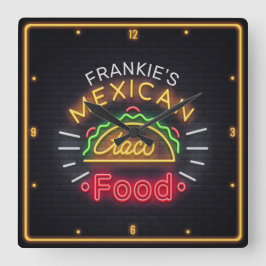 Relógio Quadrado NOME DO ADICIONAMENTO Faux Neon Comida mexicana Ja