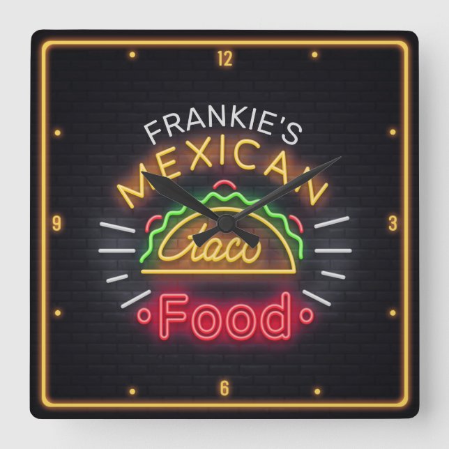 Relógio Quadrado NOME DO ADICIONAMENTO Faux Neon Comida mexicana Ja (Frente)