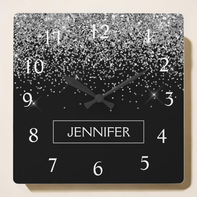 Relógio Quadrado Nome do Monograma Girly Negra Silver Glitter (Criador carregado)