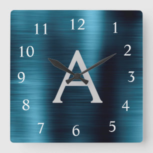 Relógio Quadrado Nome do Monograma Metálico Moderno Azul