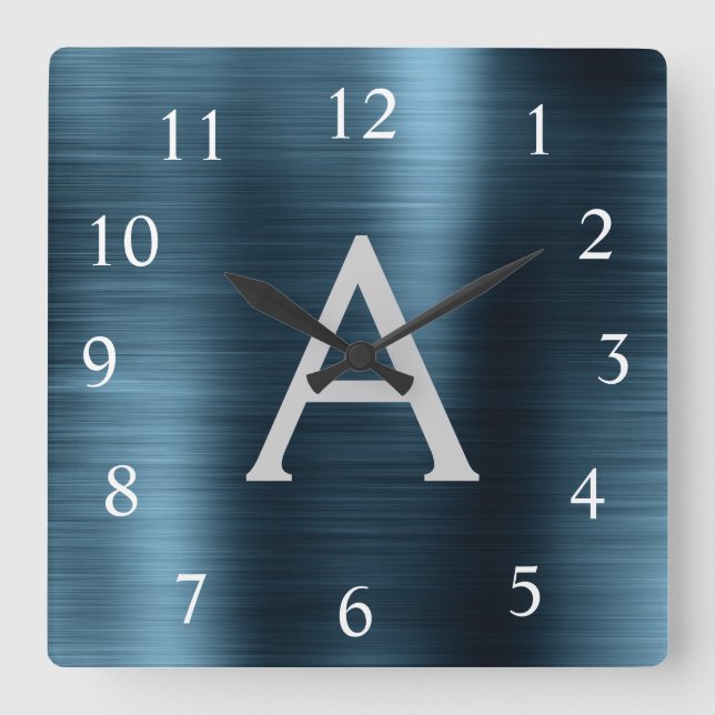 Relógio Quadrado Nome do Monograma Metálico Moderno Azul (Frente)