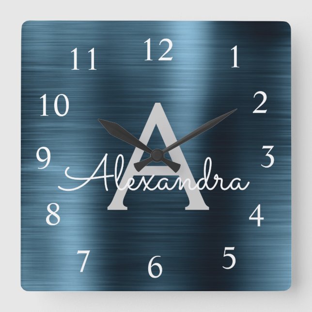 Relógio Quadrado Nome do Monograma Metálico Moderno Azul (Frente)