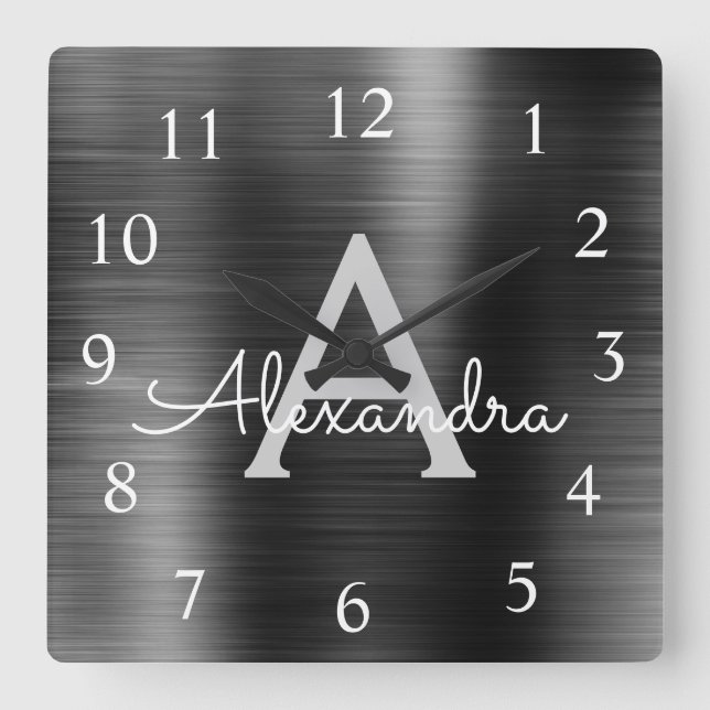 Relógio Quadrado Nome do Monograma Metálico Preto Moderno Elegante (Frente)