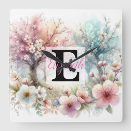 Relógio Quadrado Nome do monograma na aquarela Flores nos pastéis