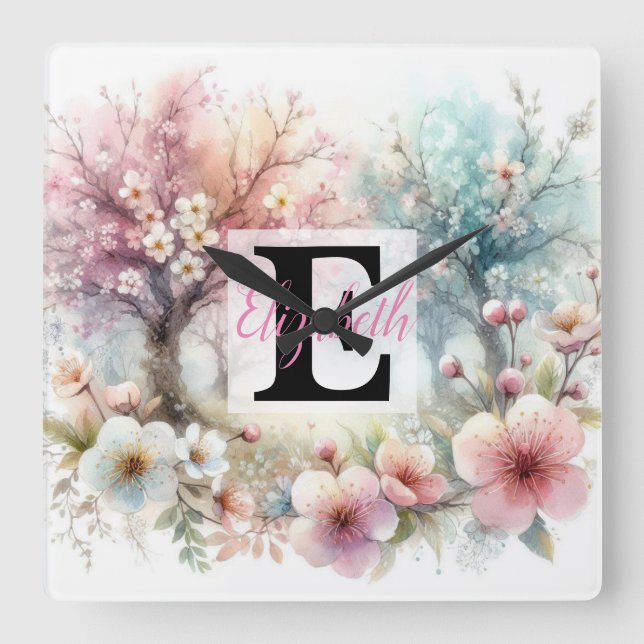Relógio Quadrado Nome do monograma na aquarela Flores nos pastéis (Frente)