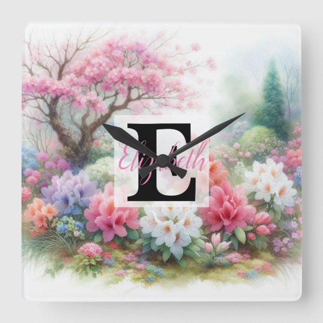 Relógio Quadrado Nome do monograma na aquarela Flores nos pastéis (Frente)