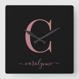 Relógio Quadrado Nome do Script do Monograma Dourado Rosa Minimalis