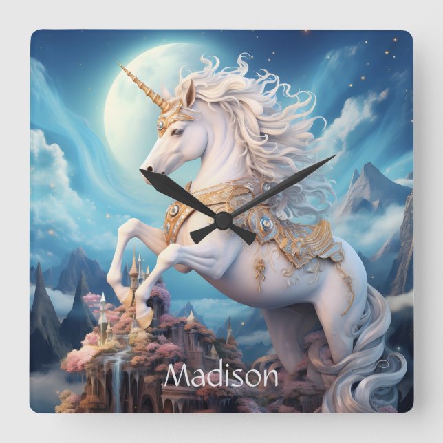 Relógio Quadrado Nome Personalizado Belo Unicórnio (Frente)