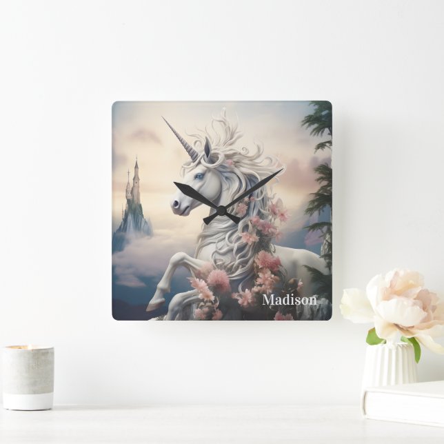 Relógio Quadrado Nome Personalizado Belo Unicórnio (Lar)