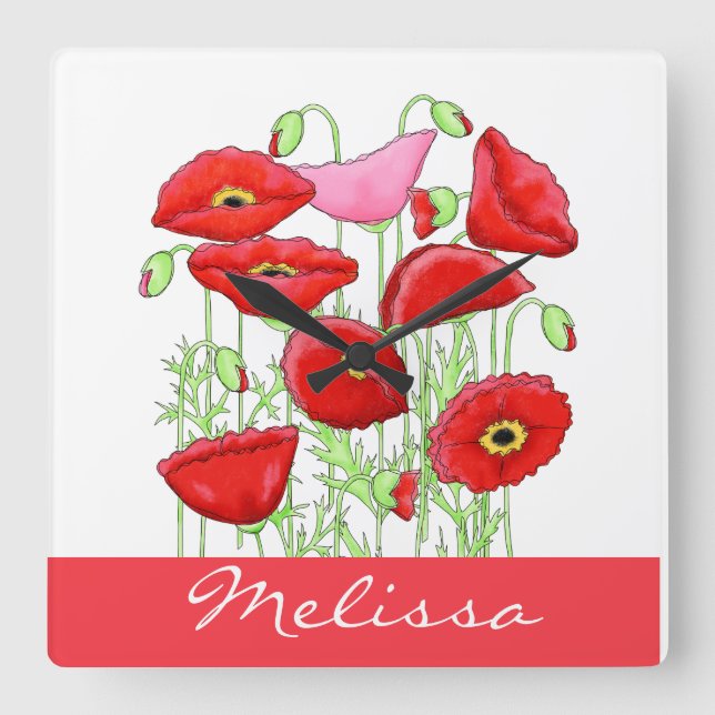 Relógio Quadrado Nome Personalizado de Arte de Poppies Rosa Vermelh (Frente)