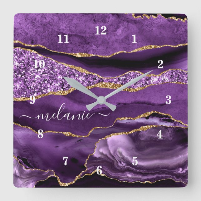 Relógio Quadrado Nome Personalizado de Geodo Glitter Dourado Violet (Frente)