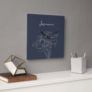 Relógio Quadrado Nome Personalizado do Desenho Floral Branco do mar