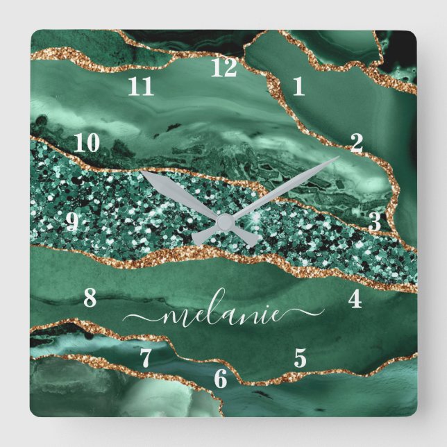 Relógio Quadrado Nome Personalizado do Marble de Geodo Glitter Verd (Frente)