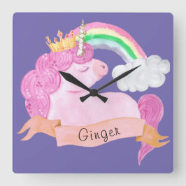 Relógio Quadrado Nome Personalizado do 🌈 Rainbow Unicorn
