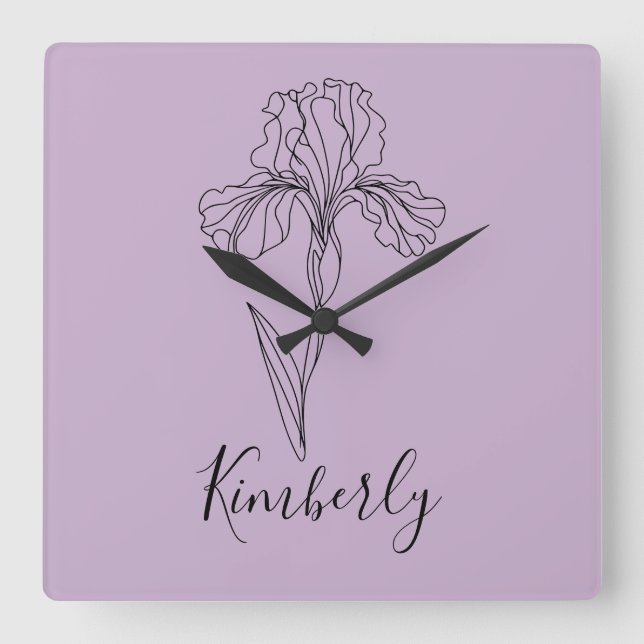 Relógio Quadrado Nome personalizado Fevereiro íris Birs Birth Flowe (Frente)