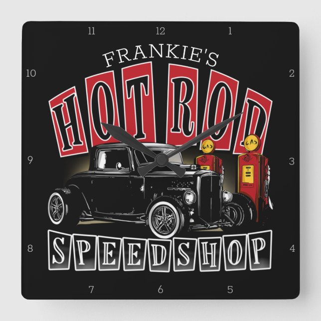 Relógio Quadrado Nome Personalizado Garagem de Estação de Gás Compr (Frente)