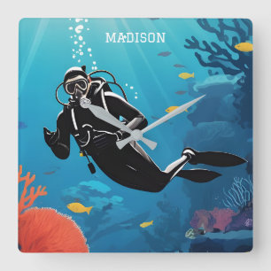 Relógio Quadrado Nome personalizado Scuba Diver