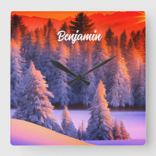 Relógio Quadrado Nome personalizado Tema do Sunrise da Floresta de 
