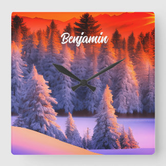 Relógio Quadrado Nome personalizado Tema do Sunrise da Floresta de 