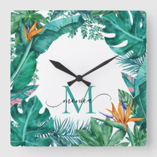 Relógio Quadrado Nome Personalizado Tropical