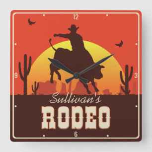 Relógio Quadrado NOME Personalizado - Western Cowboy Bull Rider Rod