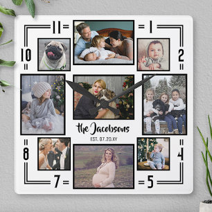 Relógio Quadrado Nome preto branco da listra do PIC da colagem 9 da